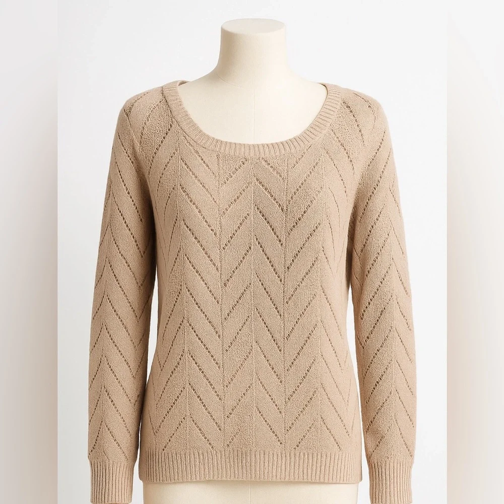 Olive & Oak Open-Knit Chevron Pullover Sweater – Beige – Size M – Cotton Blend - Picture 5 of 9